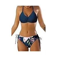 cupshe bikini 2 pièces pour femme avec bretelles tressées et bas réversible, bleu marine/fleur, taille m