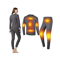 ensemble de sous-vêtements thermiques pour femme - usb - sous-vêtements thermiques chauffants - avec doublure polaire - leggings d'hiver pour femme, gris, large