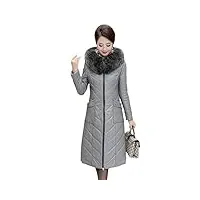 hcclijo manteau long en cuir véritable pour femme avec capuche, gris avec fourrure grise, l