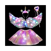 tacobear déguisement licorne lumineux ailes de plumes coloré avec serre-tête, baguette magique led tutu jupe tulle fille ailes d'ange enfant pour halloween carnaval cosplay