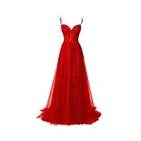 qsico femmes tulle robes de soirée Élégantes dentelle appliques robes de bal longue split robe de bal formelle, rouge, 44