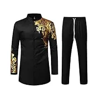 lucmatton tenue 2 pièces pour homme - chemise boutonnée à manches longues et pantalon - costume ethnique traditionnel, noir doré-a., m