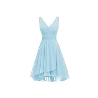 robes de demoiselle d'honneur courtes en mousseline de soie à double col en v et taille froncée pour jeunes filles, bleu ciel, 44