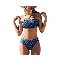 cupshe bikini pour femme - maillot de bain deux pièces - bandeau - haut à nouer dans le dos - bas taille moyenne avec bretelles amovibles, bleu acier, taille xs
