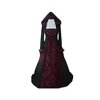 robe longue vintage pour femme - style gothique, médiévale et renaissance - taille nouée - avec capuche - costume de princesse renaissance - pour les fêtes de cosplay, halloween, le carnaval - rouge -