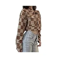 tjlss vintage treillis jean veste manteaux femmes taille denim crop topslong sleeve outwear (color : brown, size : s)