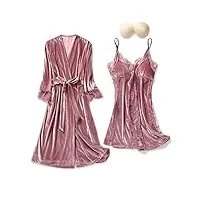 tjlss velours 2 pcs robe de mariée de mariée ensemble automne et hiver sexy dos nu halter top femme pyjama peignoir robe (color : roze, size : l)