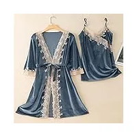 tjlss sexy dos nu halter top femme pyjama peignoir robe velours 2 pcs robe de mariée de mariage ensemble automne et hiver (color : kl-bleu, size : m)
