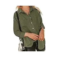 chemise tunique décontractée pour femme,chemisiers en denim vintage pour femme manches chemise boutons décontractés veste vert revers matelassé poche buste chemisiers tunique jean léger sweat-shirt