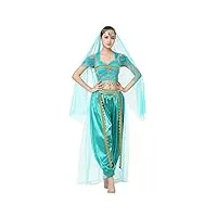 iwemek costume aladdin pour femme - pour adulte - arabe - jasmin - robe de princesse - crop top + pantalon + écharpe - conte de fées - cosplay halloween - carnaval - costume de fête, bleu, m