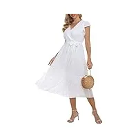 robe midi décontractée pour femmes Élégante pure color chiffon robes plissées d’été avec ceinture blanc l