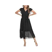 robe midi décontractée pour femmes Élégante pure color chiffon robes plissées d’été avec ceinture noir xl