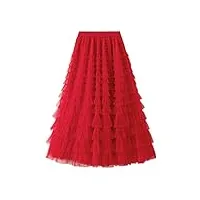 sotrong jupe en tulle pour femme - taille élastique - longue jupe plissée multicouche - jupe tutu en maille - jupe longue bouffante pour fête de princesse, a - rouge, taille unique
