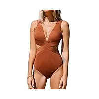 cupshe maillot de bain une pièce pour femme - col en v - coupe sexy - bretelles larges - crochet dans le dos - texture brillante, marron selle, taille xs
