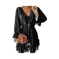 cupshe mini robe décontractée pour femme avec col en v et nœud sur le devant - robe tunique trapèze à manches longues, noir , s