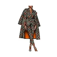costumes africains pour femme dashiki imprimés vestes pantalon et manteau long ensemble trois pièces tenues coupe ajustée avec ceinture deux poches fp6280 s
