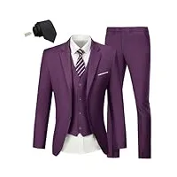 costume 3 pièces pour homme - coupe ajustée - robe de mariée tux - deux boutons - costume d'affaires - blazer, veste, pantalon avec cravate, prune, tailee xs