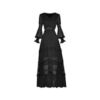 robe d'été noire élégante pour femme avec col en v et manches longues et taille élastique, noir , s