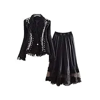ensemble 2 pièces rétro en tweed pour femme + jupe trapèze en maille, noir , xs