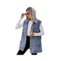 tiennew femme gilet en denim capuche sans manche veste en jean casual court blouson avec poches À rabat pour spring automne (xl,bleu(capuche))