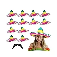 sombero mexicain avec bords à pompons accessoire de déguisement avec moustache chapeau mexicain paille vacances cerf bandito boîte de nuit multicolore lot de 48