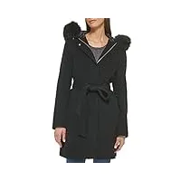 cole haan manteau à capuche en laine lisse avec bordure amovible en fausse fourrure pour femme, noir, 14