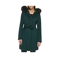 cole haan manteau à capuche pour femme en laine lisse avec bordure en fausse fourrure amovible, forêt, 2