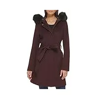 cole haan manteau à capuche pour femme en laine lisse avec bordure amovible en fausse fourrure, bordeaux, 40