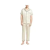 ensemble de pyjama 2 pièces en soie pour homme soie de mûre bas de pyjama À manches courtes pour homme ensembles de pyjamas,beige,l