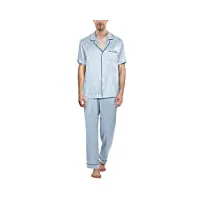 ensemble pyjama homme en soie manches courtes 2 pièces pyjama de luxe en soie boutonné,sky blue,s