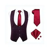 tonzn gilet en soie pour hommes col rond violet foncé gilet à carreaux gilet pour hommes rouge rose cravate mouchoir ensemble de boutons de manchette (couleur: a, taille: xl) (c xxxl)