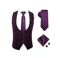 tonzn gilet en soie pour hommes col rond gilet à carreaux violet foncé gilet pour hommes rouge rose cravate mouchoir ensemble de boutons de manchette (couleur: a, taille: xl) (b xl)