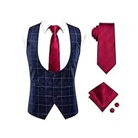 tonzn gilet en soie pour hommes col rond bleu marine gilet à carreaux gilet pour hommes cravate rouge mouchoir boutons de manchette ensemble pour cadeaux formels (couleur: a, taille: s) (b 3xl)