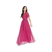 maya deluxe womens maxi dress ladies ball gown for wedding guest embellished tie waist v neck bridesmaid prom evening occasion, robe femme, fuchsia,