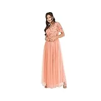 maya deluxe womens maxi dress ladies ball gown for wedding guest embellished tie waist v neck bridesmaid prom evening occasion, robe femme, apricot blush,