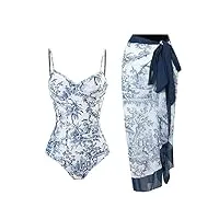 wuitrie ensemble bikini 2 pièces pour femme - imprimé bohème vintage - dos nu - contrôle du ventre - avec jupe portefeuille, bleu - blanc, taille s