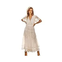 odizli robe d'été longue pour femme - sexy - col en v - boho - fleurs - dentelle - robe de plage, blanc 04., xl