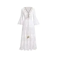 odizli robe d'été longue pour femme - sexy - col en v - boho - fleurs - dentelle - robe de plage, blanc 05, xl