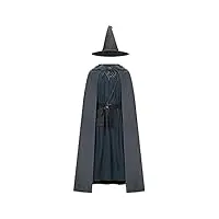 likungou déguisement gris magicien tunique robe cape à capuche avec chapeau pointu sac à bandoulière halloween costume outfit (m)