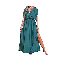 cupshe robe longue ample à col en v allyssa - manches courtes - taille élastique - fente latérale - robe de plage, turquoise, l