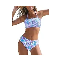 cupshe ensemble bikini pour femme - maillot de bain deux pièces bandeau haut à nouer dans le dos - bas taille moyenne avec bretelles amovibles, violet bleu floral, taille s
