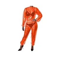 salopette deux pièces en plastique pvc transparent haut ample pantalon ensemble taille élastique poignets et chevilles tenue orange, m
