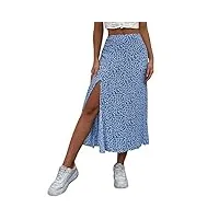 gorglitter jupe d'été longue pour femme avec fleurs - avec fente - jupe trapèze - jupe fleurie - taille haute, bleu, s