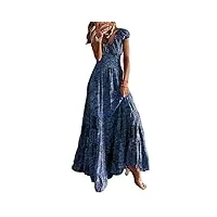 abyovrt robe maxi d'été pour femme bohème robe de vacances col v à fleur manches courtes robe de soiree party plage(bleu,l)