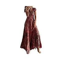 abyovrt robe maxi d'été pour femme bohème robe de vacances col v à fleur manches courtes robe de soiree party plage(vin rouge,l)