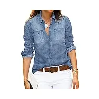 roskiky chemise en jean pour femme - chemisier western - tunique pour femme - manches longues - boutonné - haut pour femme, bleu délavé, xl