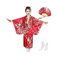 kruihan kimono pour filles,yukata kimono robe japonaise,robe de chambre en satin pour enfants,costumes de cosplay,robes de fête pour filles,avec Éventail pliant et chaussettes tabi,style b,rouge,140