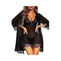 rslove nuisette sexy femme robe de nuit lingerie babydoll avec g-string ensemble lingerie dentelle feminin 3 pièces noir l
