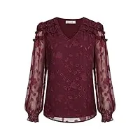 grace karin chemisier simple classique pour femme à fleurs, manches longues, tunique décontractée, chemise légère à double épaisseur, xl élégant, vin rouge