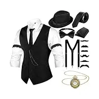 hestya tenue des années 20 pour homme avec gilet chapeau fédora bretelles nœud papillon montre de poche vintage (noir, m)
